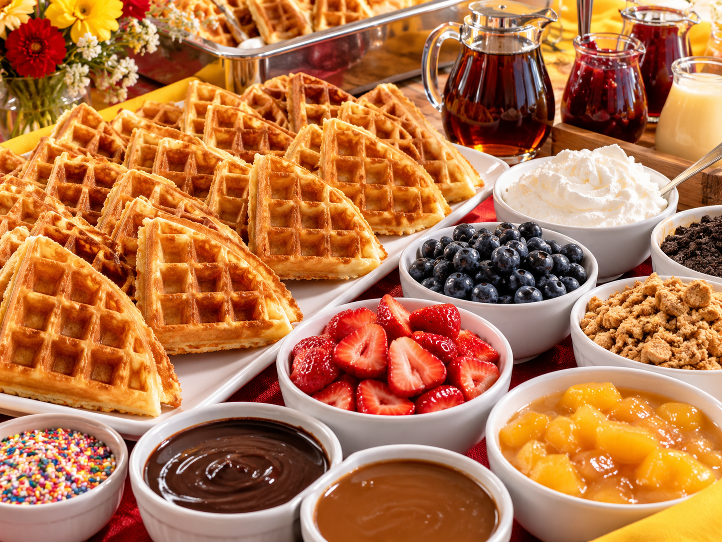 Belgian waffle bar with fruit, whipped cream, peach topping and dessert drizzles